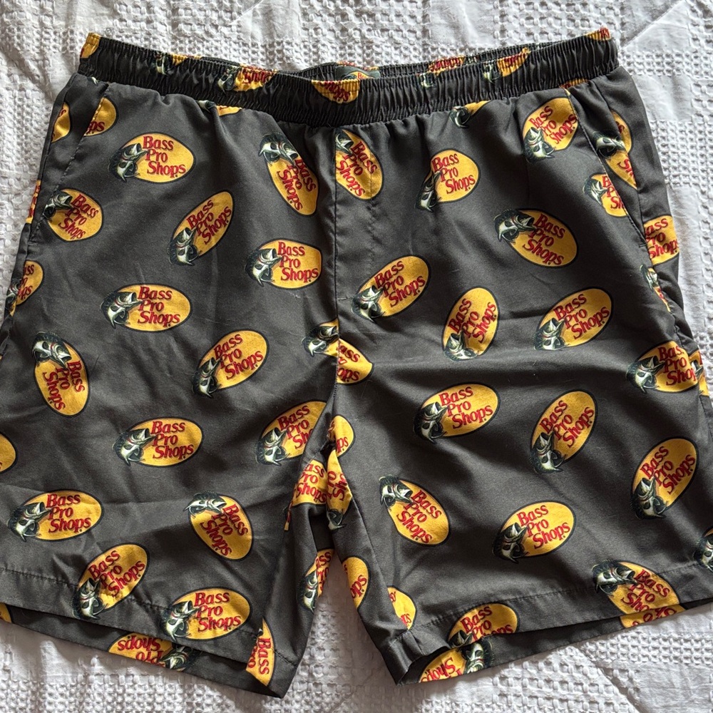 Bass Pro Shops Charcoal Swim Trunks with Yellow Logo Pattern